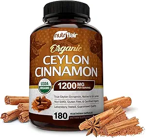 NutriFlair Organic Ceylon Cinnamon (100% Certified Organic Ceylon Cinnamon) 1200mg per Serving, 180 Capsules - Joints, Inflammatory, Antioxidant