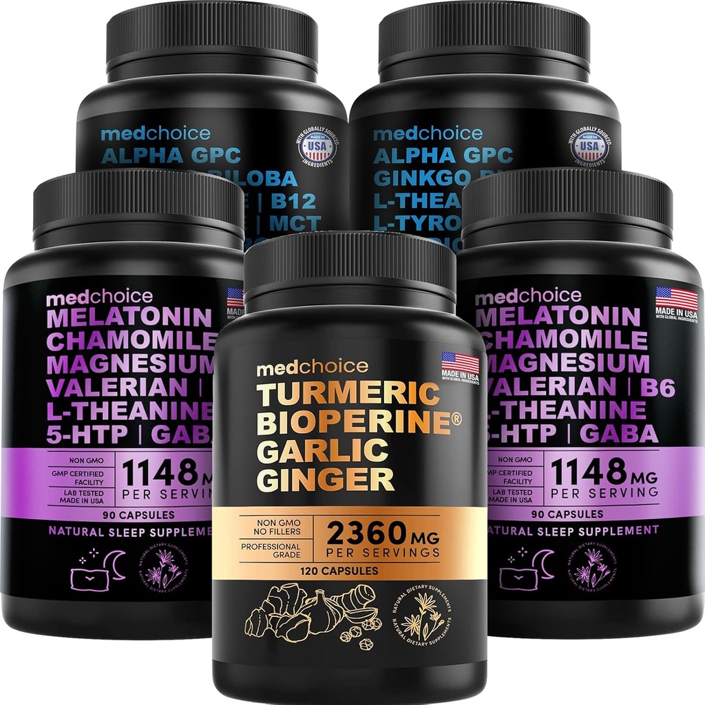 MEDCHOICE Turmeric & Ginger (120ct), Sleep Melatonin (180ct), και Nootropic Brain (120ct) Συμπλήρωμα Bundle - Wellness Trio για τον εγκέφαλο, τον ύπνο, & την ανοσοποιητική υποστήριξη - Vegan, Non-GMO, Gluten-free