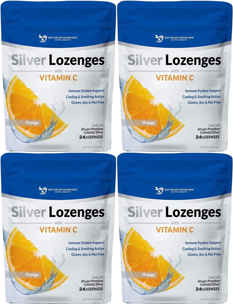 Silver Lozenges with Vitamin C - Premium Nano Silver 60 PPM Colloidal Silver, Organic Honey and Vitamin C Mineral Supplement Drops to Support Immune System, Soothe Cough & Throat - Pack of 4