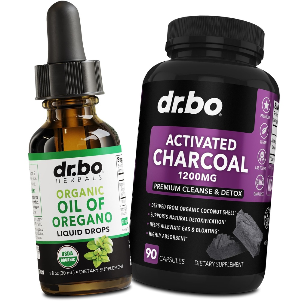 Oregano Oil Organic Liquid Drops & Charcoal Capsules - Oil of Oregano Drops Tincture Extract & Charcoal Pills for Stomach Gas Cleanse Detox Immune Support, Digestive Binder - Organic