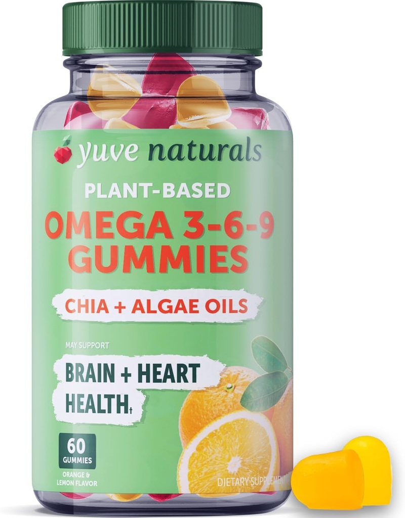 Yuve Vegan Omega 3-6-9 & DHA Gummies - Νοστιμότατο για παιδιά, άνδρες και γυναίκες - Κατασκευασμένο από Algae & Chia - ΟΧΙ ιχθυέλαιο, ΟΧΙ κριλ - Απαραίτητο συμπλήρωμα λιπαρών οξέων - Μη ΓΤΟ, Χωρίς γλουτένη, με βάση το φυτό - 60ct