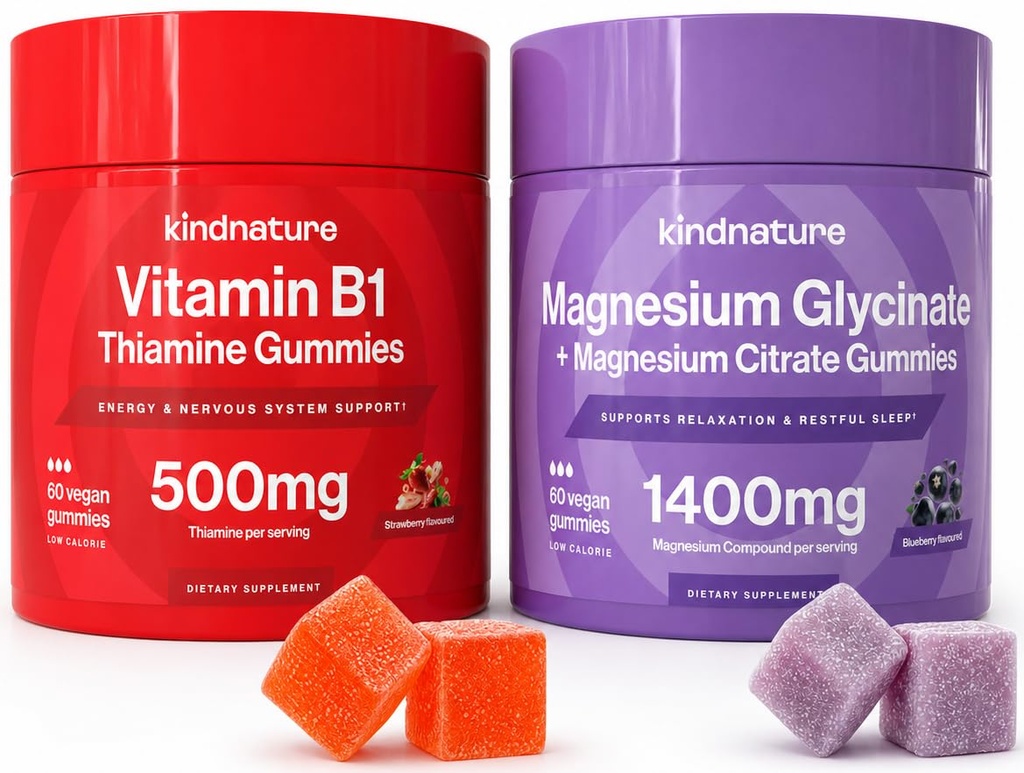 KINDNATURE Power Duo: Μαγνήσιο & Βιταμίνη B1 Gummies Bundle – Ενισχυμένη ενέργεια & υποστήριξη νεύρων, νοστιμότατο & μασώμενο