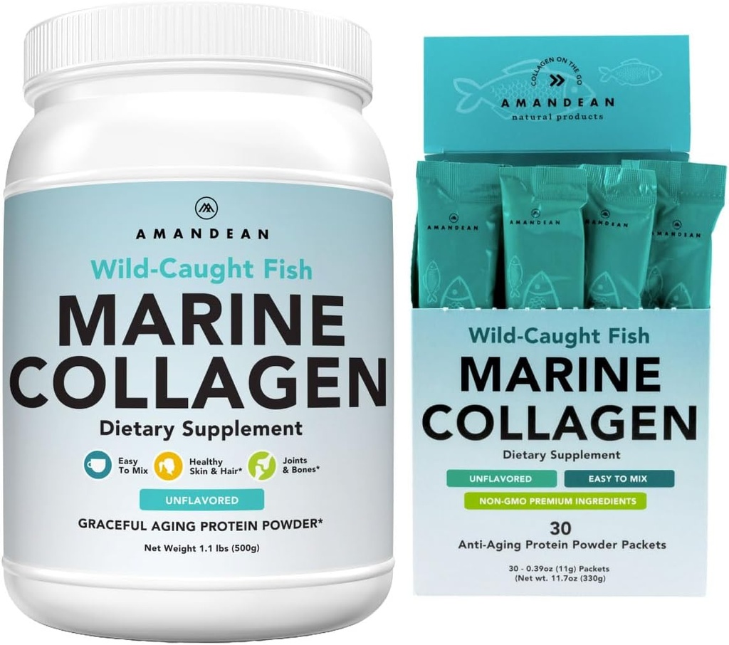 AMANDEAN Marine Collagen Duo. 500g Container + 30 ταξιδιωτικά πακέτα. Hydrolyzed Fish Collagen Peptides για το δέρμα, τα μαλλιά και τα νύχια. Πεσκαταριανή, Κέτο & Παλαιο-Φιλοφιλική, Άγευστη