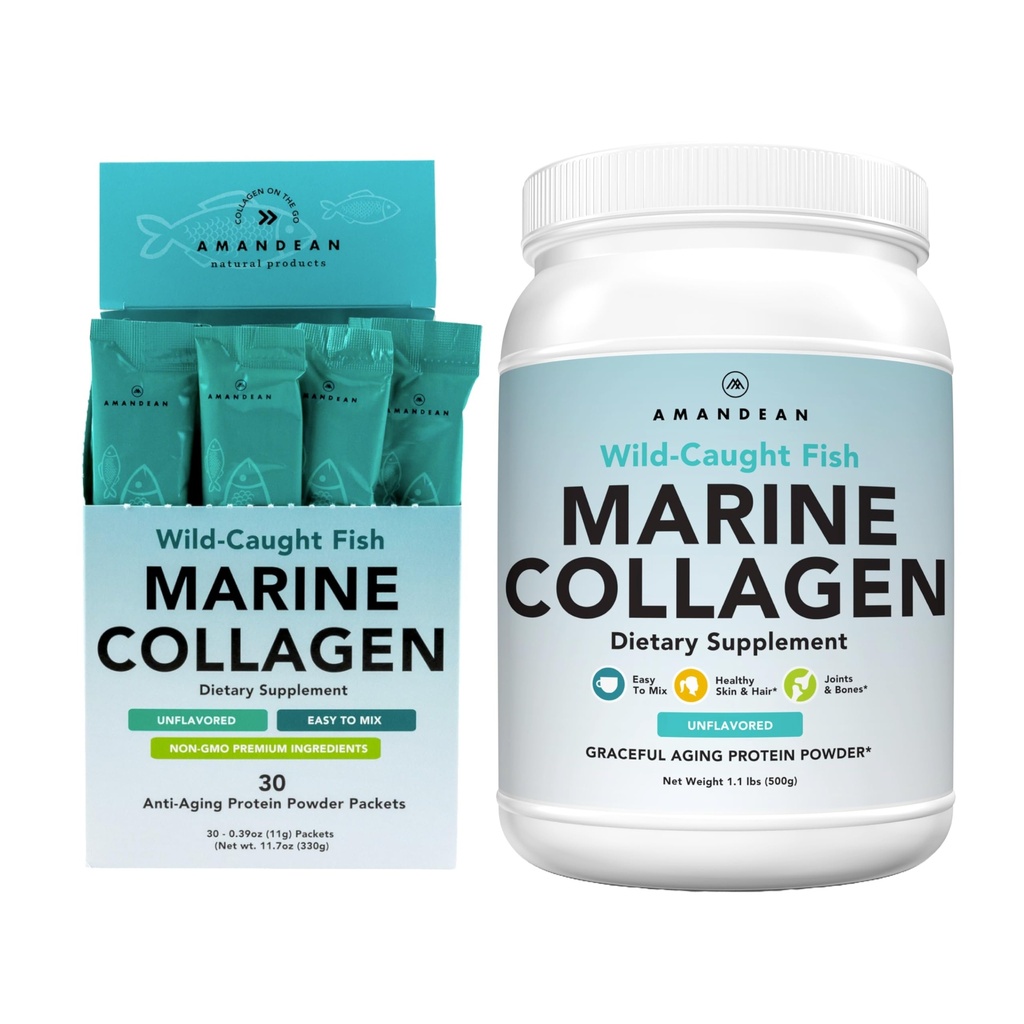 AMANDEAN Marine Collagen Duo. 500g Container + 30 Travel Packs. Hydrolyzed Fish Collagen Peptides for Skin, Hair & Nails. Pescatarian, Keto & Paleo-Friendly, Unflavored