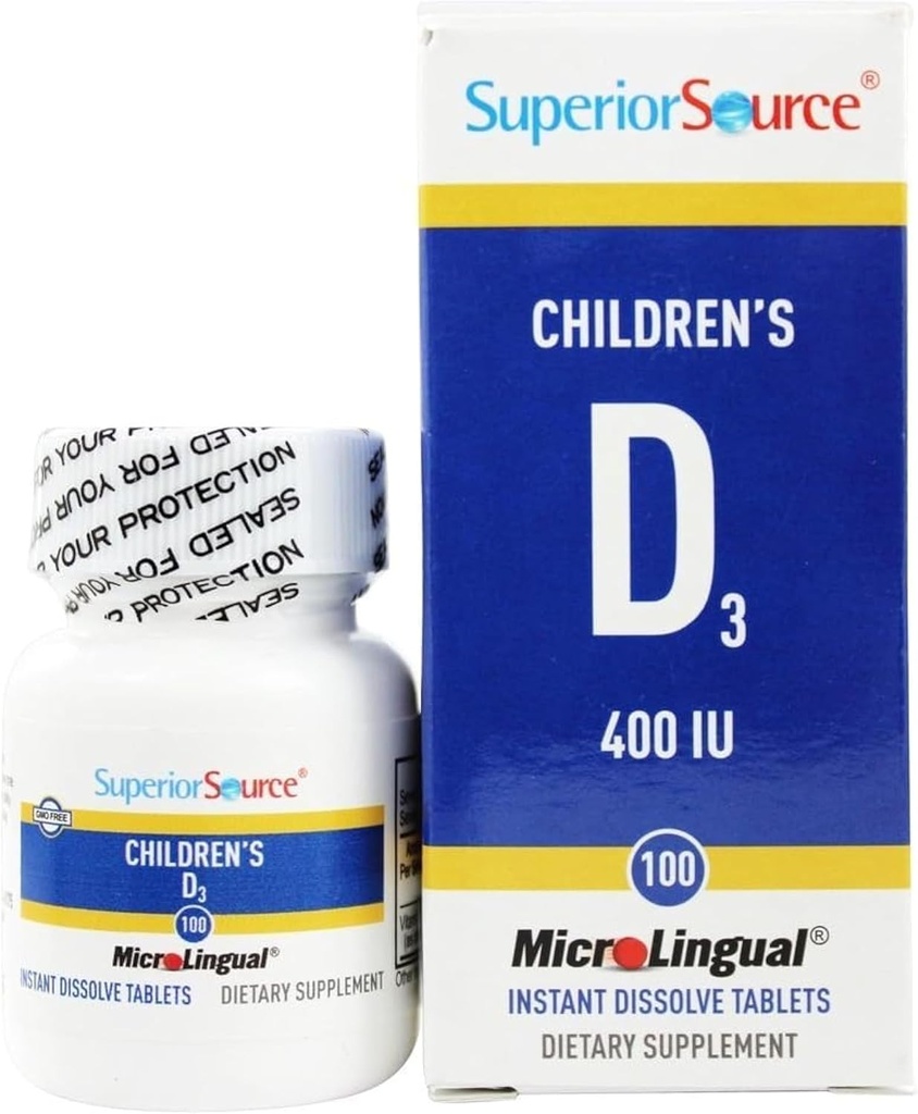 Superior Source Παιδική Βιταμίνη D3 400 IU - Δόντια, οστά & ανοσοποιητικό συμπλήρωμα υποστήριξης για παιδιά - Μη- ΓΤΟ - 100 MicroLingual Dissolvable Tablets