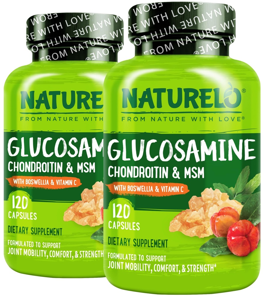 NATURELO Glucosamine Chondroitin MSM με Boswellia και βιταμίνη C - Συμπλήρωμα για την κοινή άνεση, κινητικότητα, και δύναμη - 120 κάψουλες (πακέτο του 2)