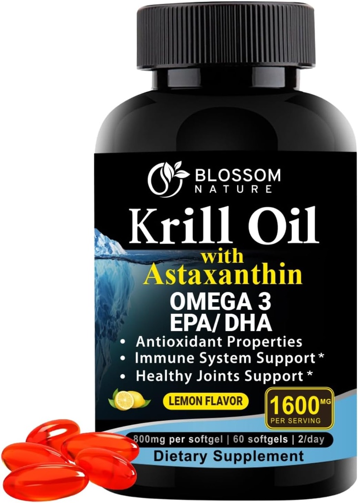 Λάδι κριλ Ανταρκτικής Softgels–1600mg ανά Σερβίρισμα με 2mg Ασταξανθίνη, Υψηλή Ωμέγα‐3 (174mg EPA & 120mg DHA) σε μορφή φωσφολιπιδίων–Υποστηρίγματα Κοινή, Καρδιά, Δέρμα & Εγκεφαλική Υγεία–60 Λεμόνι-Flavored Softgels