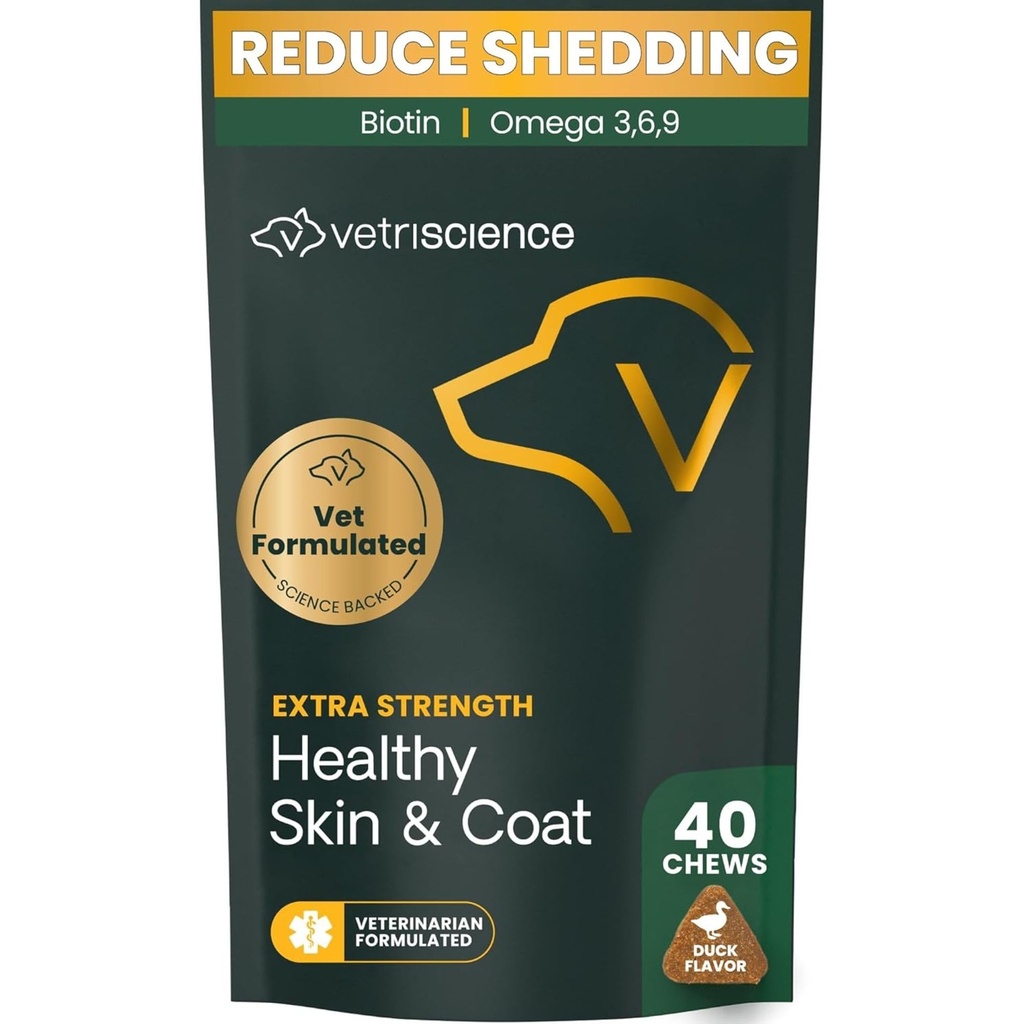 VetriScience Extra Strength Healthy Skin & Coat Chews, Omega Plus συμπλήρωμα για σκύλους, με Ισορροπημένο Ωμέγα 3, 6, 9, ιχθυέλαιο και βιοτίνη, υγεία του δέρματος, ανάπτυξη γάζας και λάμψη, πάπια, 40 κόμης