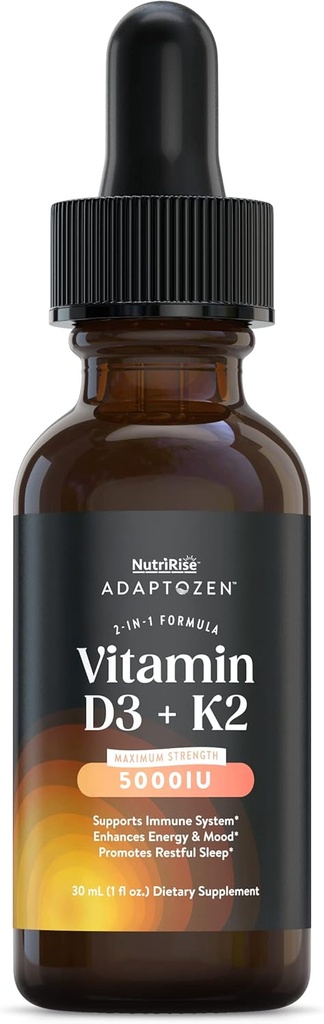 NutriRise Βιταμίνη D3 K2 Σταγόνες 5000 IU: Ανοσία Βιταμίνες, Υποστήριξη για την ενέργεια, Well-Being & κοινή άνεση, χορτοφάγους, εύκολο να πάρει υγρή φόρμουλα για άνδρες και γυναίκες + MCT Έλαιο, Γλουτένη, 1 fl oz