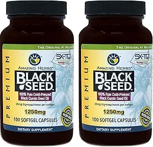 Amazing Herbs Black Seed Oil Pills 1250mg, 100 Softgel Capsules (Pack of 2)
