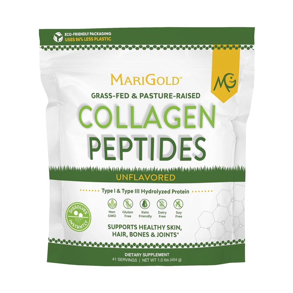 MariGold Grass-fed Collagen Peptides Powder Unflavored 1LB - 100% καθαρό, τύπου I & III Βοοειδή υδρολυμένο κολλαγόνο, μη GMO, ορμονόνη-Gluten-Dairy Δωρεάν, Keto-Friendly, Easy to Mix