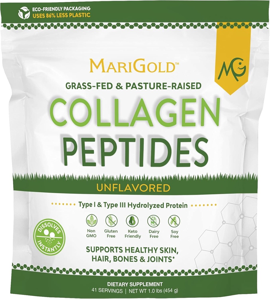 MariGold Grass-fed Collagen Peptides Powder Unflavored 1LB - 100% καθαρό, τύπου I & III Βοοειδή υδρολυμένο κολλαγόνο, μη GMO, ορμονόνη-Gluten-Dairy Δωρεάν, Keto-Friendly, Easy to Mix