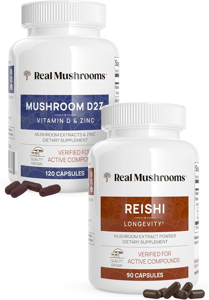 Real Mushrooms Vitamin D2, Zinc (120ct) και Reishi 415 (90ct) Bundle με Chaga - Φυσική υποστήριξη για την ασυλία, καλύτερο ύπνο, και χαλάρωση - Vegan, χωρίς γλουτένη, μη GMO, οργανικά εκχυλίσματα μανιταριών