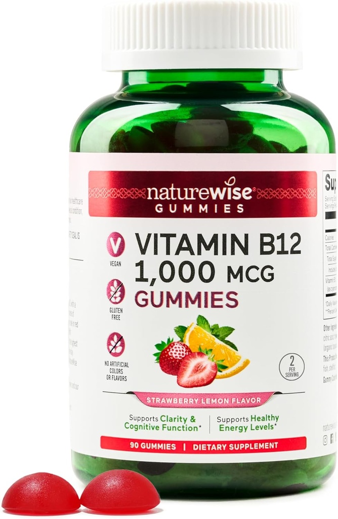NatureWise Vitamin B12 Gummies for Adults, 1000 mcg - Φράουλα Λεμονάδα Γεύση - Υποστηρίζει καθημερινή ενέργεια, διανοητική σαφήνεια, Γνωστική λειτουργία - Vegan, Χωρίς γλουτένη, Μη ΓΤΟ - 90 Count[45-Day Supply]