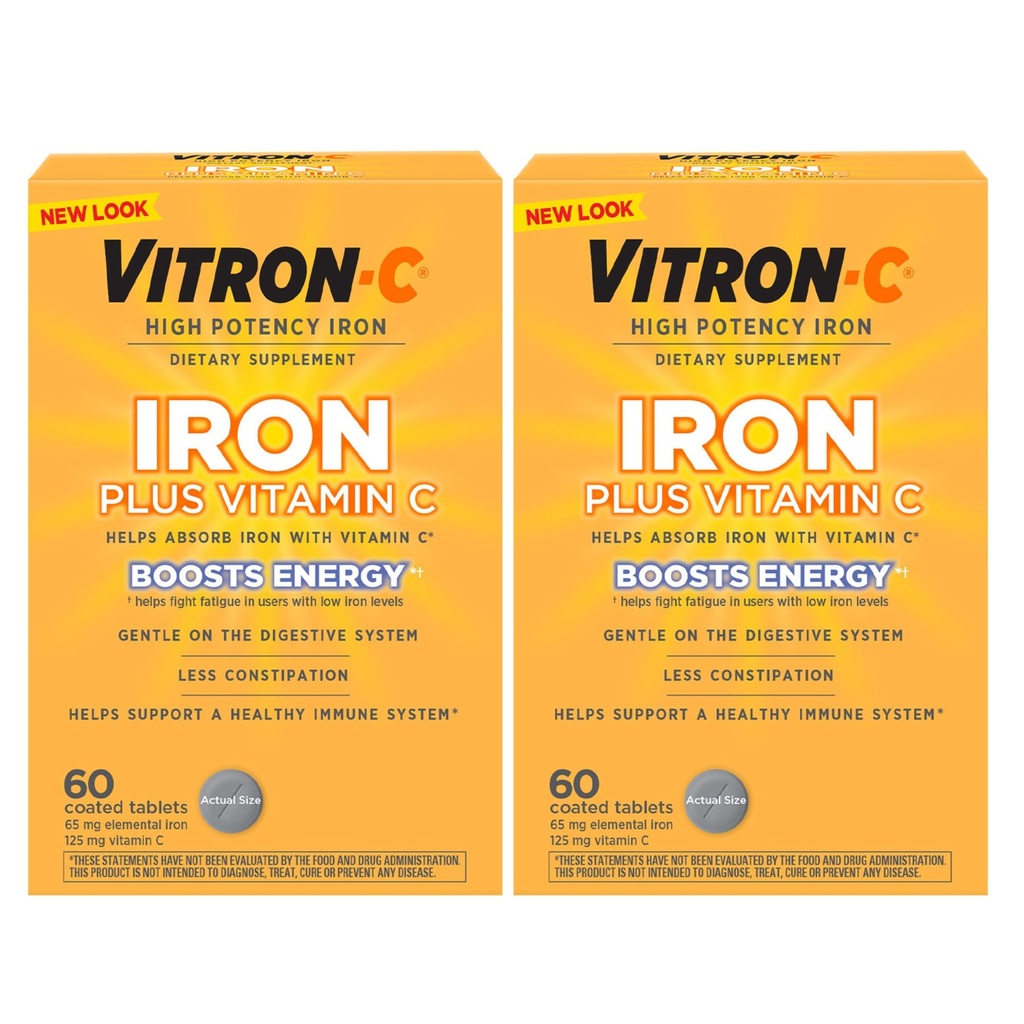 Συμπλήρωμα σιδήρου Vitron-C, μία φορά την ημέρα, υψηλής ισχύος σιδήρου συν βιταμίνη C, υποστήριξη της παραγωγής ερυθρών κυττάρων αίματος, βαφές δωρεάν δισκία, 60 κόμης, 2 συσκευασία