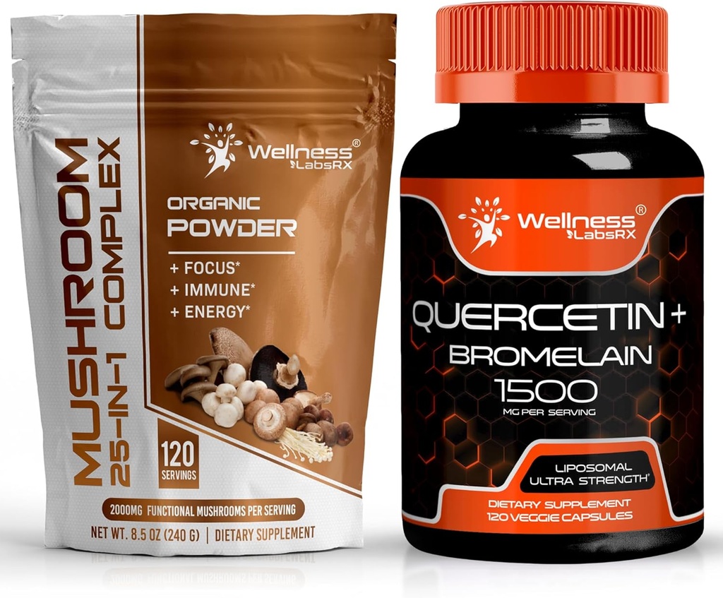 WELLNESS LABSRX Mushroom Powder 2000mg - Quercetin with Bromelain Supplement - 1500mg