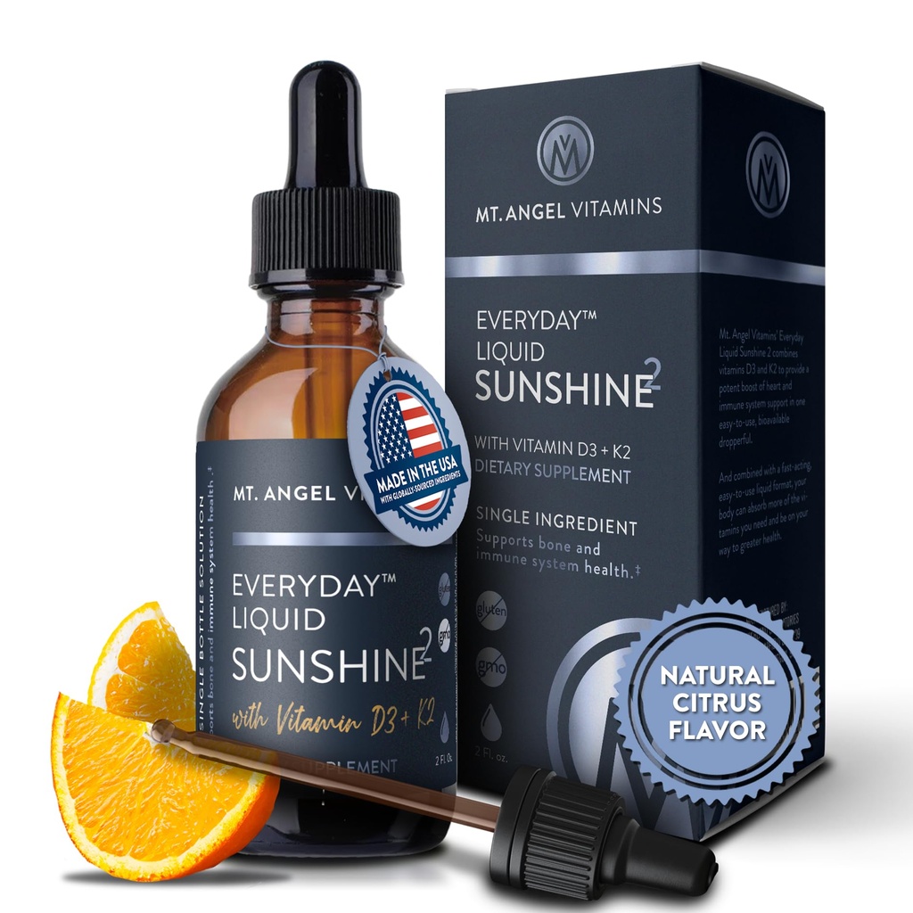 Mt. Angel Vitamins - Vegan Vitamin D3 & K2 Liquid Supplement - 5000 IU D3, Trans MK7 K2 - Χωρίς γλουτένη, Μη ΓΤΟ - Ιδανικό για ενήλικες & παιδιά - Η Καθημερινή σας Δόση Ηλιαχτίδας 