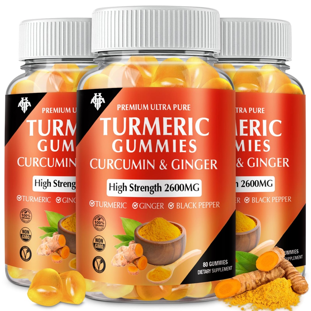 Turmeric Curcumin Gummies (3 Pack) - Turmeric Curcumin Supplements with Ginger & Black Pepper Gummies for Immune Mus Support Healthy Skin - Vegan, Gluten Free, Low Sugar - for Adults