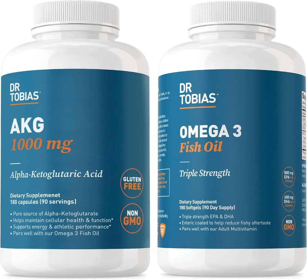 Dr. Tobias AKG Supplement & Omega 3 Fish Oil, Support Cellular Energy & Συνολική Υγεία με AKG και Triple-Stength Omega 3 EPA & DHA, Non-GMO