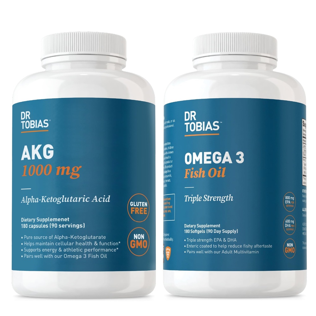 Dr. Tobias AKG Supplement & Omega 3 Fish Oil, Support Cellular Energy & Συνολική Υγεία με AKG και Triple-Stength Omega 3 EPA & DHA, Non-GMO
