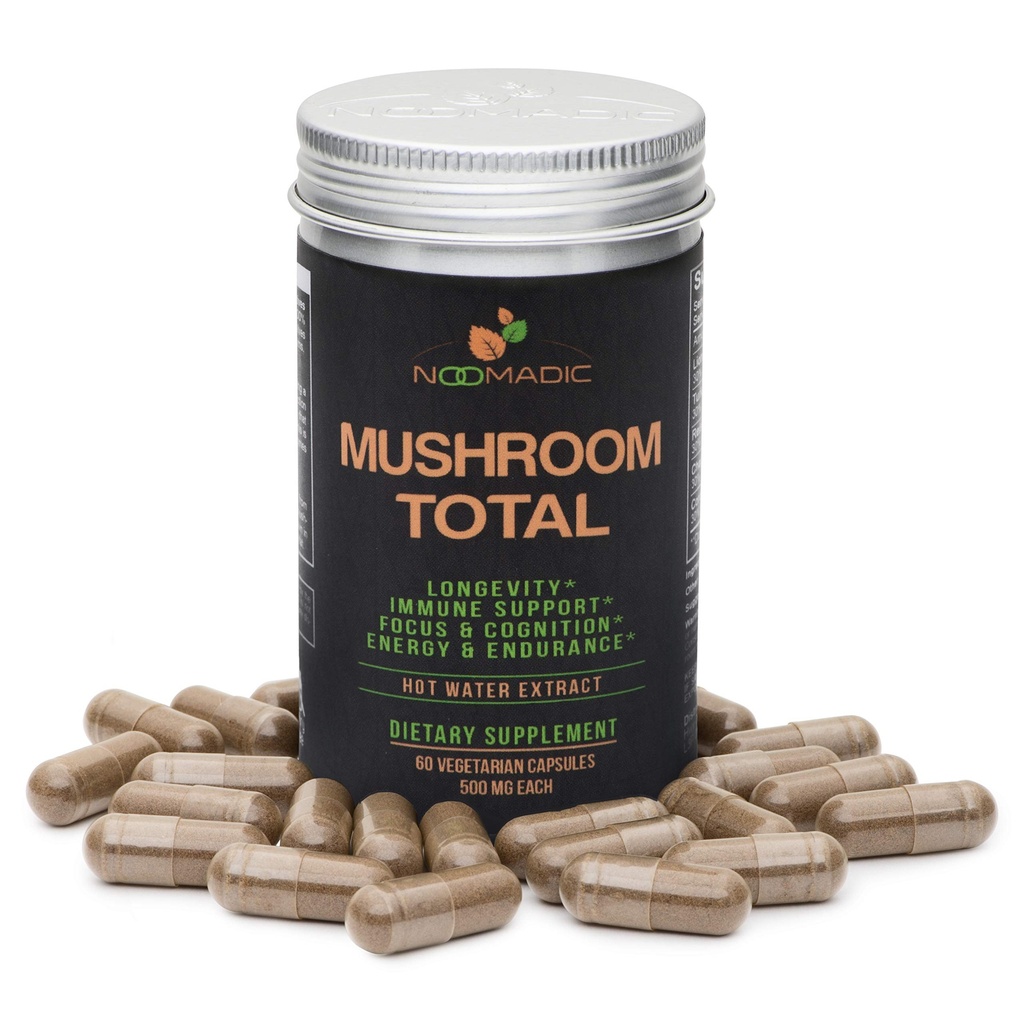 Noomadic Mushroom Total, 60 κάψουλες, 500mg, 30% Beta Glucans, Adaptogenic Mushroom Complex of Lions Mane, Turkey Tail, Chaga, Reishi, Cordyceps, Hot Water Extract, Fruiting Bodies.
