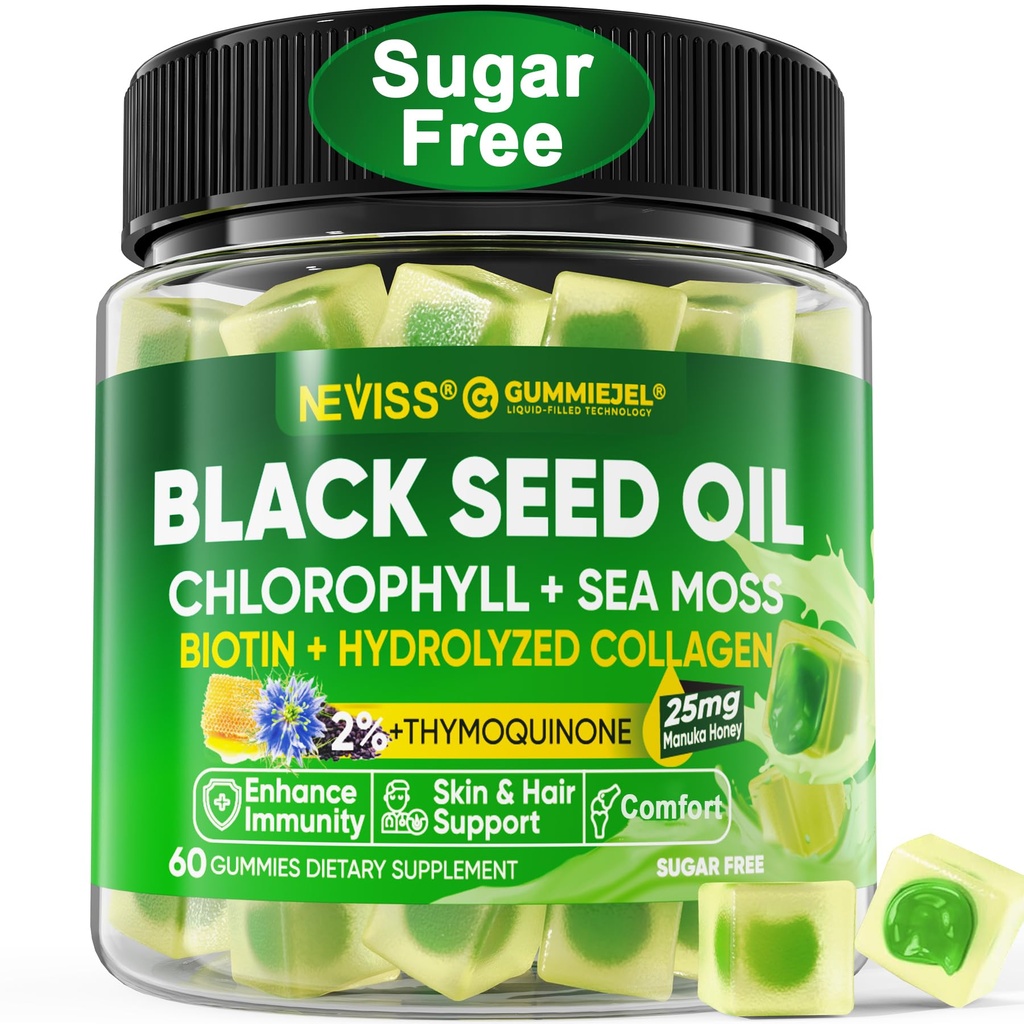 Μαύρο έλαιο σπόρων Gummies, Chlorophyl & Sea Moss συμπλήρωμα 500mg, Biotin 500mcg με υδρολυμένο κολλαγόνο για το δέρμα, τα μαλλιά και τα νύχια, Vit E, C, ψευδάργυρος για τη συνολική υγεία, οργανικό κρύο πίεση, υψηλή απορρόφηση