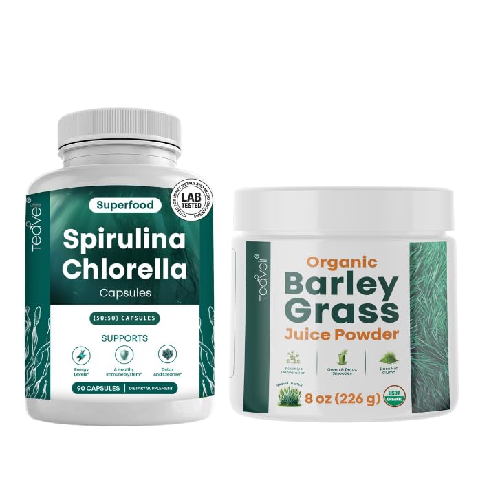 Teaveli Spirulina και Chlorella κάψουλες και Orgaic Barley Grass Juice Powder Bundle