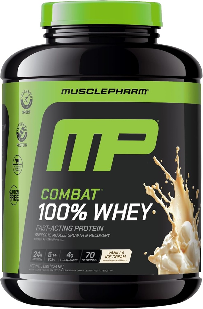 Muspharm Combat 100% Whey Protein Powder, Vanilla Flavor, Fast Recovery & Myster Gain with Whey Protein Isolate, High Protein Powder for Women & Men, Gluten Free, 5 lb, 70 Servings