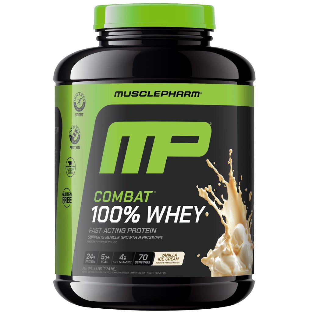 Muspharm Combat 100% Whey Protein Powder, Vanilla Flavor, Fast Recovery & Myster Gain with Whey Protein Isolate, High Protein Powder for Women & Men, Gluten Free, 5 lb, 70 Servings