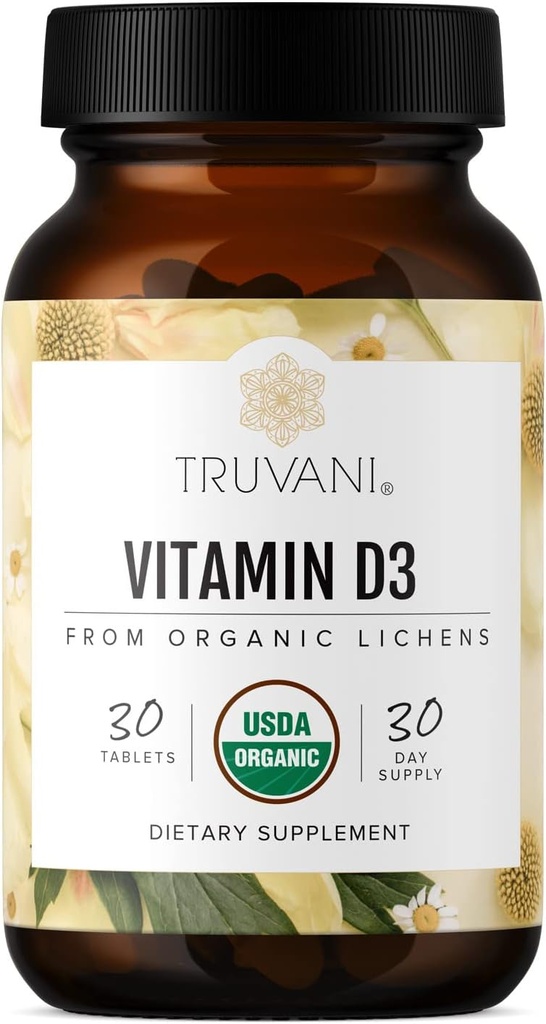 Truvani Organic Vitamin D3 - Plant-Based, USDA Organic, Gluten-Free, Non-GMO, Vegan D3 Supplement - Supports Bone, Immune & Brain Health - 30 Tablets