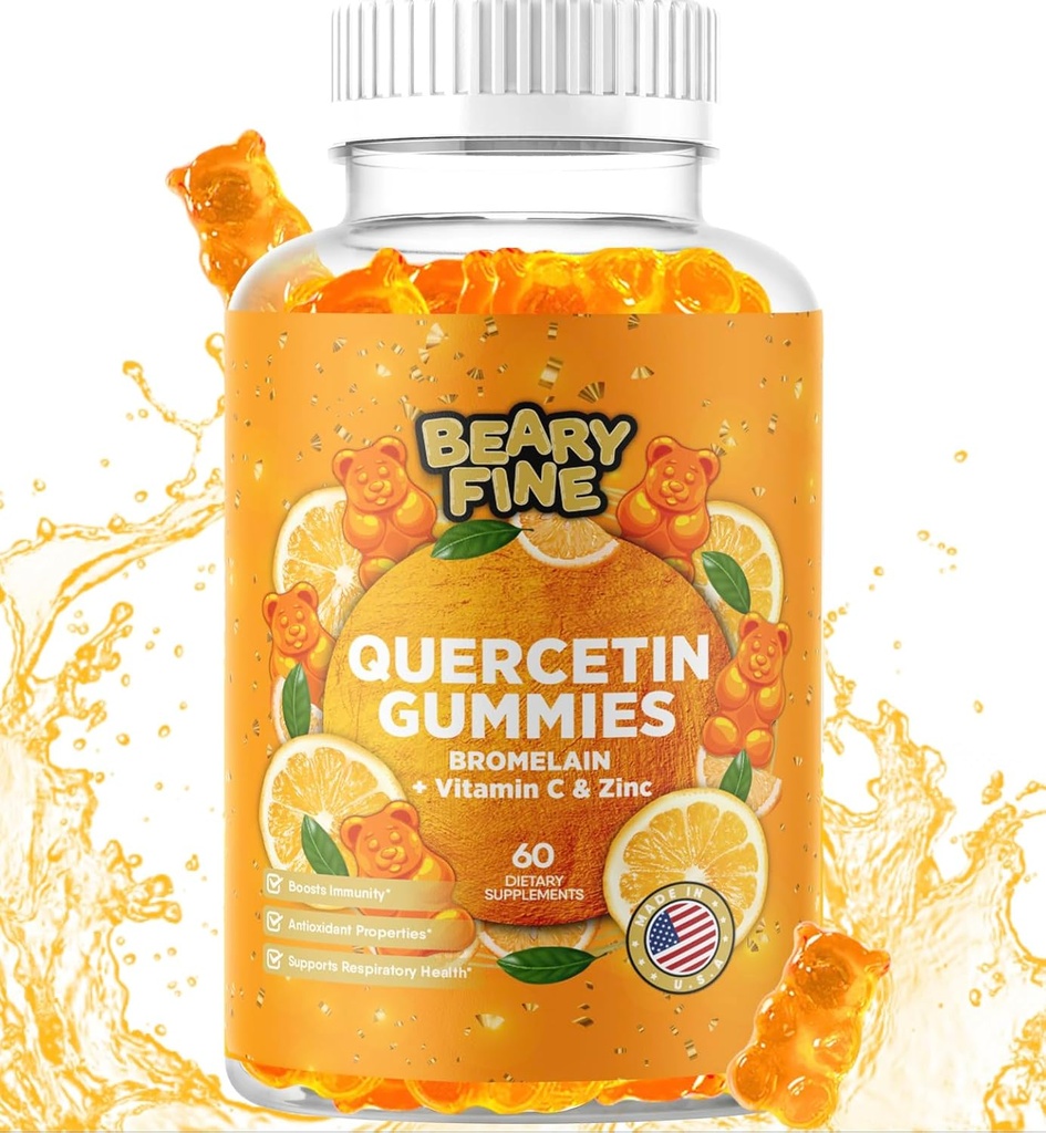 Quercetin με Bromelain Gummies - Βιταμίνη C + Ψευδάργυρος & Βιταμίνη D3 – Επιπλέον δύναμη Ανοσοποιητική υποστήριξη Booster - 60 Quercetin Gummies - Made in The USA