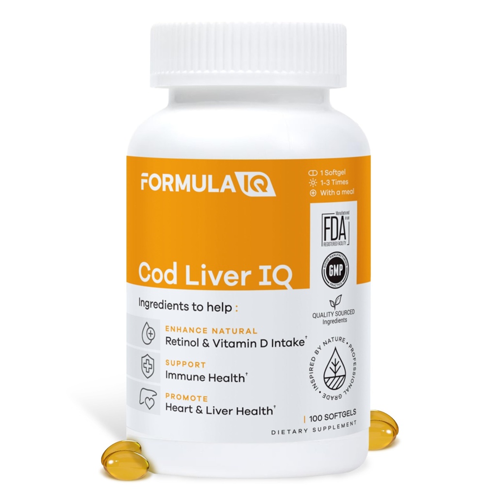 FIQ - Cod Liver IQ - Cod Liver Oil Softgels - Φυσική πηγή βιταμινών Α & D και Ω-3 Λιπαρά Οξέα - Καρδιά, Ήπαρ & Ανοσοποιητική Υγεία - 100 Softgels