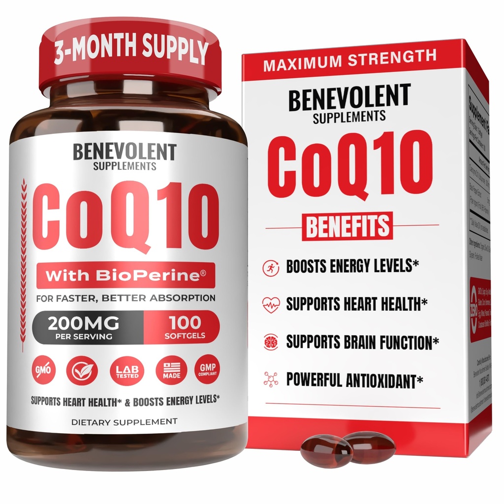 Ευεργετικό καθαρό CoQ10 200mg Softgels με BioPerine® για μέγιστη απορρόφηση, Ubiquinone Coenzyme Q10 συμπλήρωμα για την υγεία της καρδιάς, την παραγωγή ενέργειας, την υγιή γήρανση & αντιοξειδωτική υποστήριξη, 100 Softgels