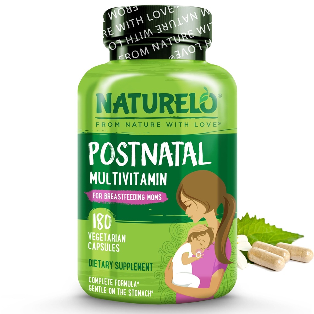 NATURELO Μεταγεννητική Πολυβιταμίνη - Συμπλήρωμα για Θηλασμό Γυναίκες - Φυτική Βιταμίνη D, Φολικό, Απαλό Σιδήρο - για Νοσηλευτική Μητέρα, Μωρό - Υποστήριξη Γαλουχίας Post Natal 180 Κάψουλες