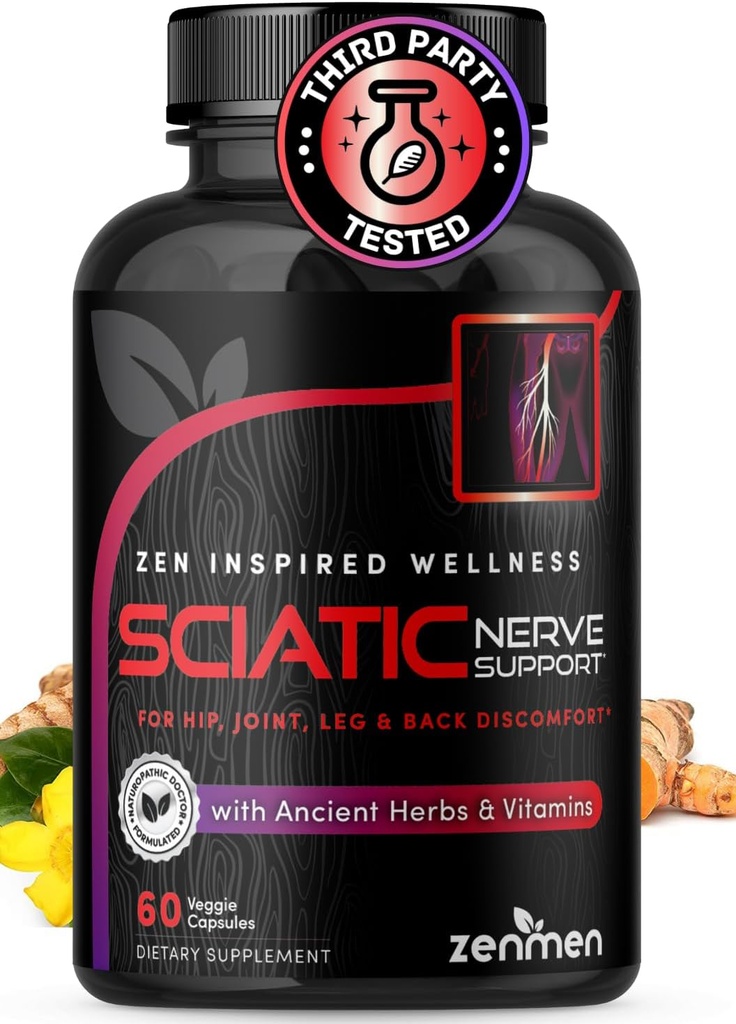 Sciatic Nerve Support Capsules - Manage Lower Back, Joint & Leg Issues - Vitamins B1, B6, B12 & Magnesium with Natural Herbs - 60 Vegan Capsules, Third Party Tested, 30 Day Supply, Made in The USA