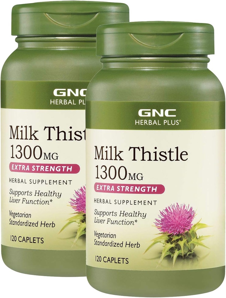 GNC Herbal Plus Milk Thistle 1300mg, Twin Pack, 120 Caplets per Bottle, Supports Healthy Liver Function