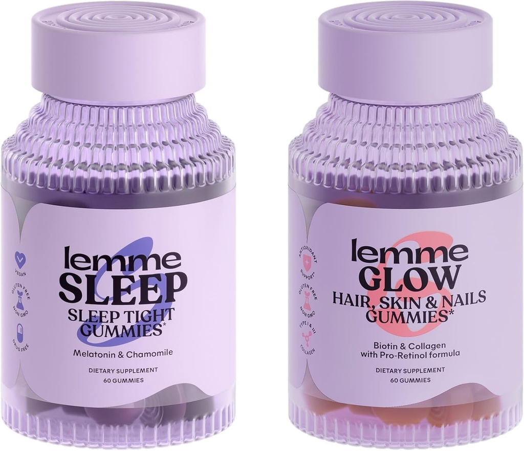 Lemme Sleep & Glow Bundle - Gummies ύπνου, ένα Nighttime Aid & Glow Biotin & Collagen Hair Gummies για Ισχυρά, Παχιά μαλλιά & Μειωμένη Shedding - Γλουτένη / Glatin Free, Μη-GMO - 60 Ct.