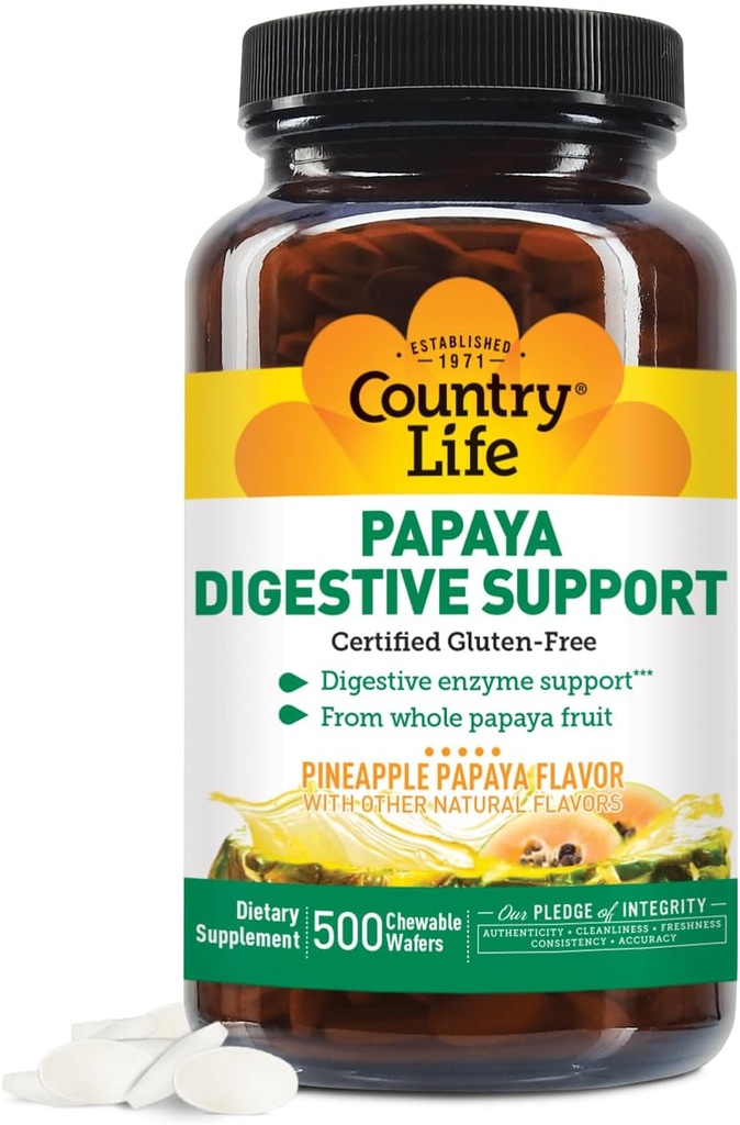 Country Life Chewable Papaya Enzymes for Digestion Support - Φυσικό ανανά & Παπάγια Γεύση, Βοηθά με θρεπτική απορρόφηση, Περιέχει Papain & Protease - 200 και 500 Wafers Διαθέσιμο