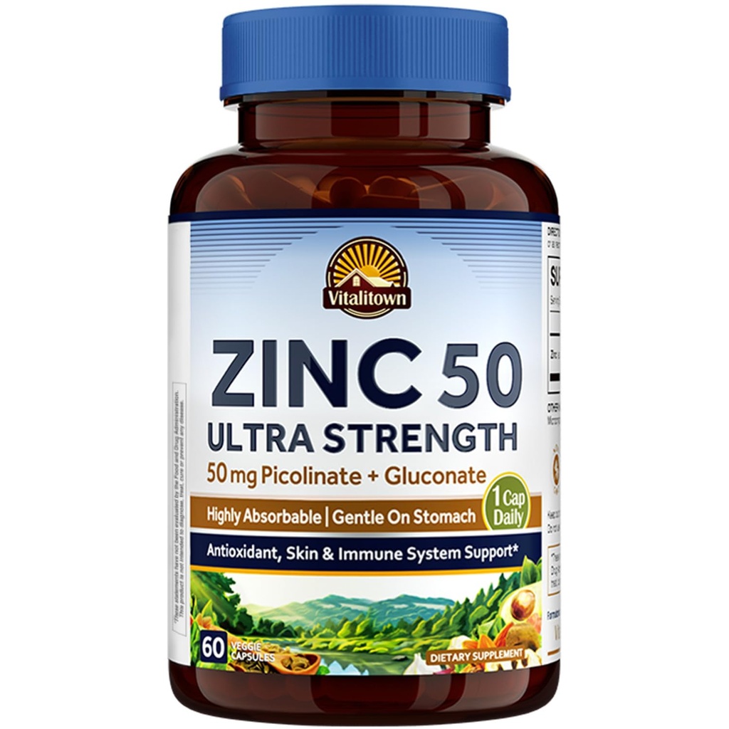 Vitalitown Chelated Zinc 50 mg, Ψευδάργυρος Picolinate & Gluconate, 60 κάψουλες Veggie, Well- Absorbed, ανοσοποιητικό σύστημα, υγιές δέρμα & ανάπτυξη, Vegan, NO Γλουτένη, μη ΓΤΟ