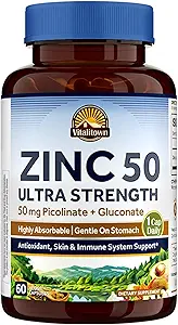 Vitalitown Chelated Zinc 50 mg, Ψευδάργυρος Picolinate & Gluconate, 60 κάψουλες Veggie, Well- Absorbed, ανοσοποιητικό σύστημα, υγιές δέρμα & ανάπτυξη, Vegan, NO Γλουτένη, μη ΓΤΟ
