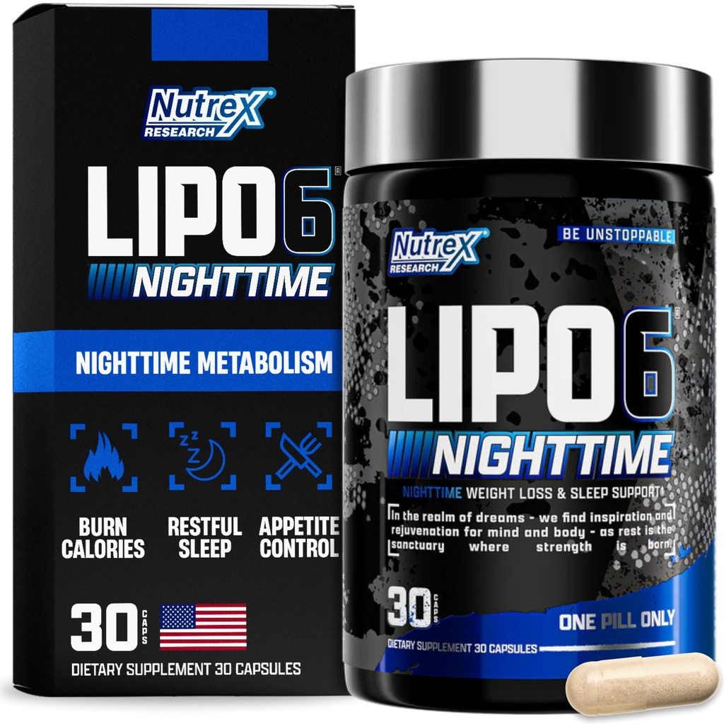 Nutrex Lipo 6 Nighttime Fat Burner | Melatonin Sleep Aid & Weight Loss Diet Pills for Men and Women | Night Time Metabolism Booster Appetite Suppressant | 30 Servings (1)