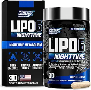 Nutrex Lipo 6 Nighttime Fat Burner | Melatonin Sleep Aid & Weight Loss Diet Pills for Men and Women | Night Time Metabolism Booster Appetite Suppressant | 30 Servings (1)