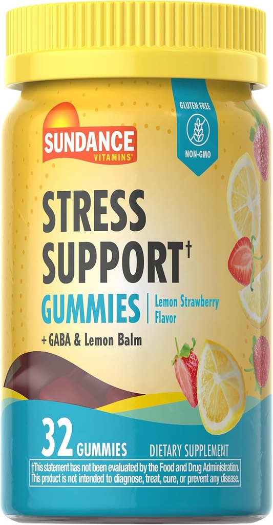 Sundance Stress Support Gummies | 32 Count | with GABA and Lemon Balm | Lemon Strawberry Flavor | Non-GMO and Gluten Free Supplement