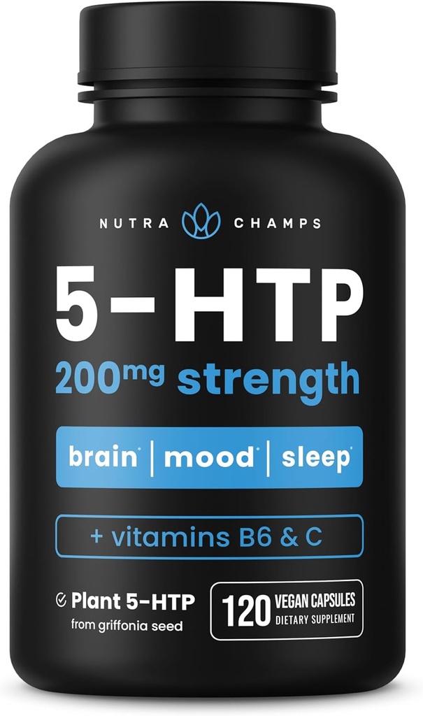NutraChamps 5-HTP 200mg, 120 κάψουλες Vegan, Pure 5HTP 100mg Plus Co-Factors Βιταμίνη B6 & Βιταμίνη C