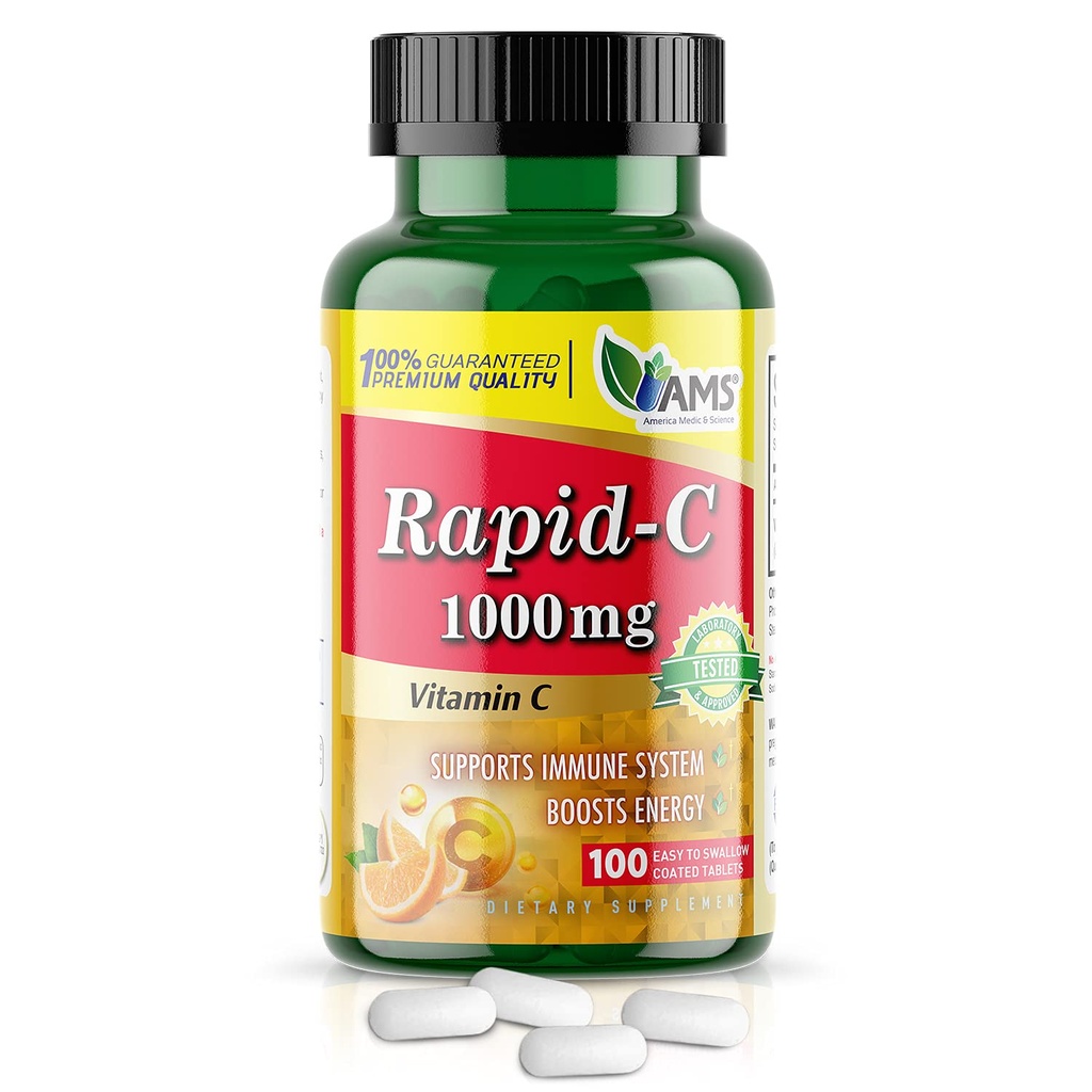America Medic & Science Rapid-C 1000mg Συμπλήρωμα βιταμίνης C (1 συσκευασία των 100 δισκίων) Ενεργειακός ενισχυτής, Καθημερινή υποστήριξη ανοσοποιητικού συστήματος, Αντιοξειδωτικό 