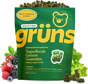 Gruns Adult Sugar-Free Super Greens Gummies - Superfood Gummy Bears με Spirulina, Chlorella, Fiber & Prebiotics για Digestive Υγεία, συμπλήρωμα προσαρμογόνου με 20 Βιταμίνες & Ορυκτά, 2 εβδομάδα προσφοράς