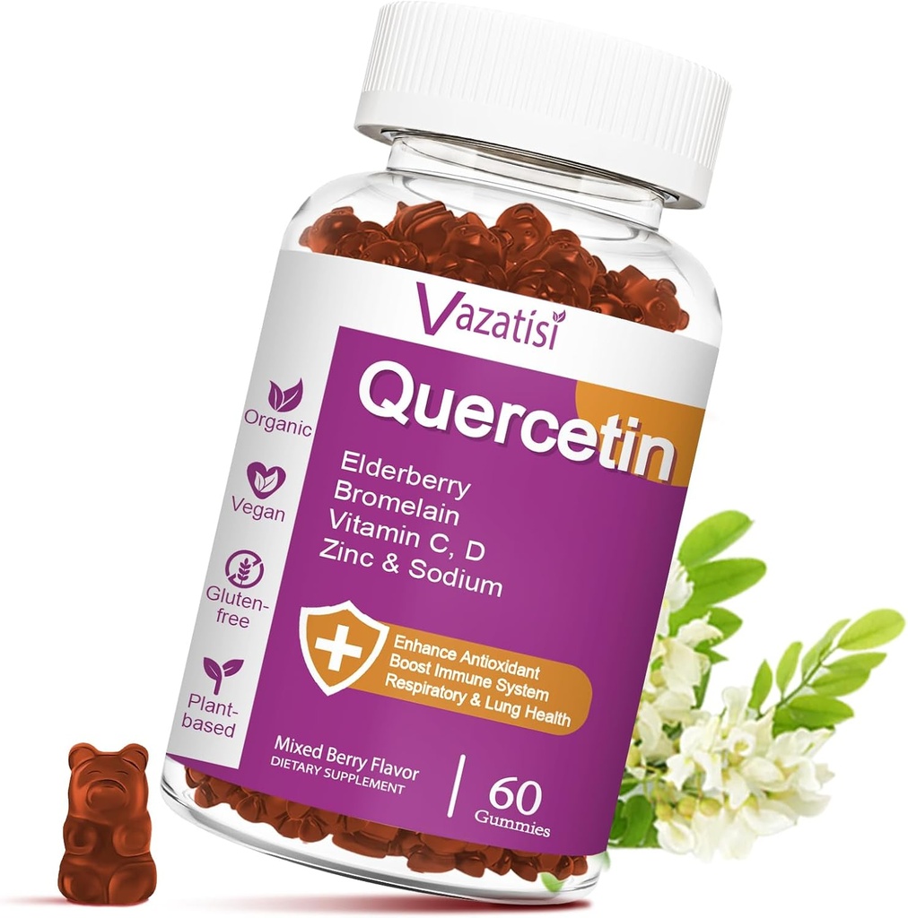 Quercetin Gummies, Quercetin με βιταμίνη C ψευδάργυρος, Bromelain, Elderberry και βιταμίνη D, ανοσοποιητική υποστήριξη Ενήλικες παιδιά, γυναίκες άνδρες, 60 Gummies Μασώμενα