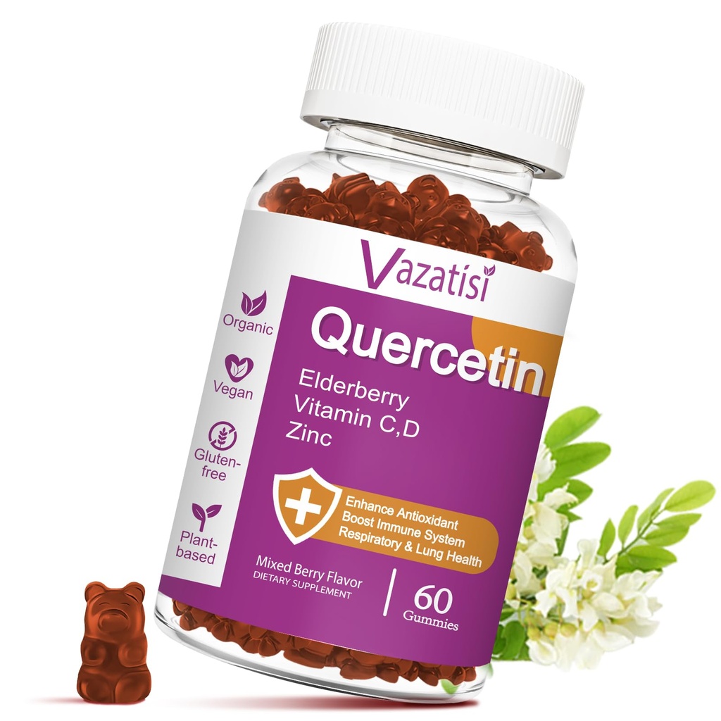 Quercetin Gummies, Quercetin with Vitamin C Zinc, Elderberry and Vitamin D, Immune Support Adults Kids, Women Men, 60 Gummies Chewable