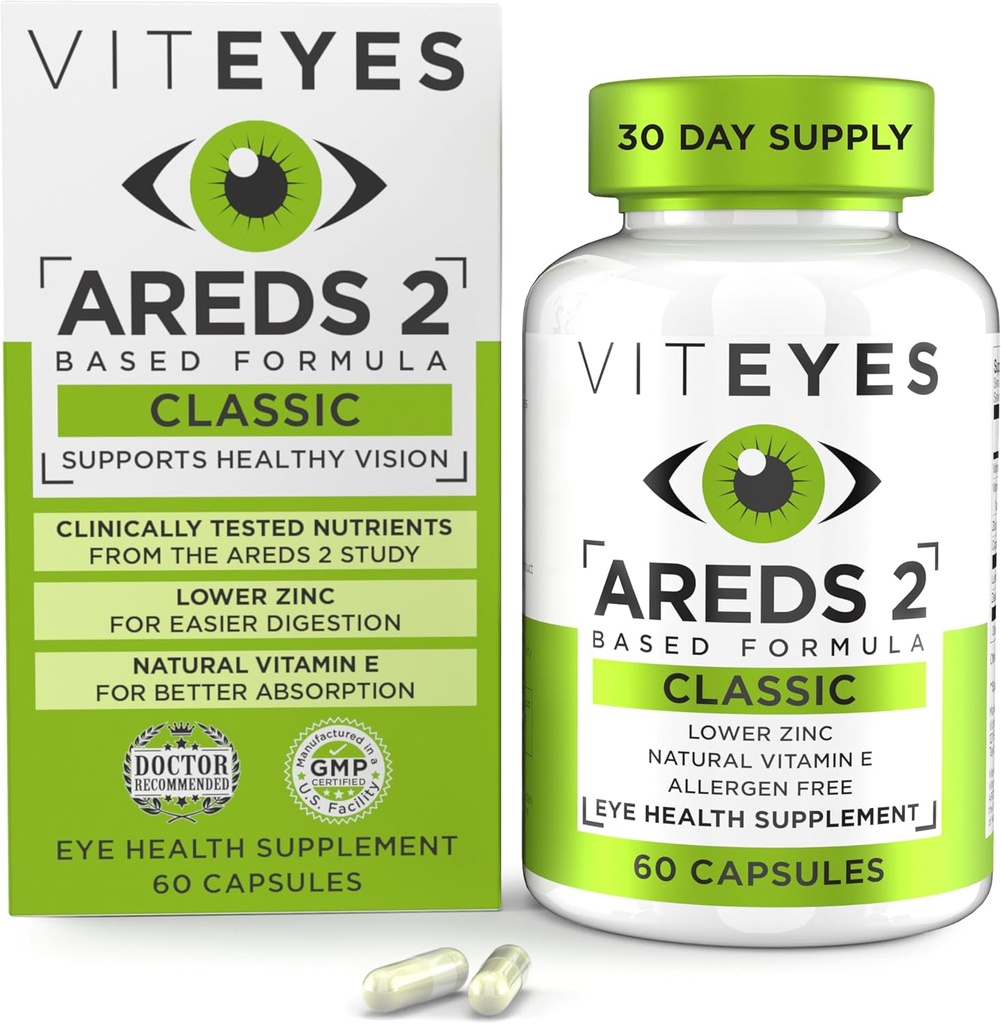 Viteyes AREDS 2 Βιταμίνες ματιών, Κλασική υποστήριξη Macular, αλλεργιογόνο δωρεάν κάψουλες, με φυσική βιταμίνη Ε, βιταμίνη C, ψευδάργυρος, χαλκός, λουτεΐνη & ζεαξανθίνη, οφθαλμίατρος Trusted, Κατασκευάζεται στις ΗΠΑ, 60 Ct