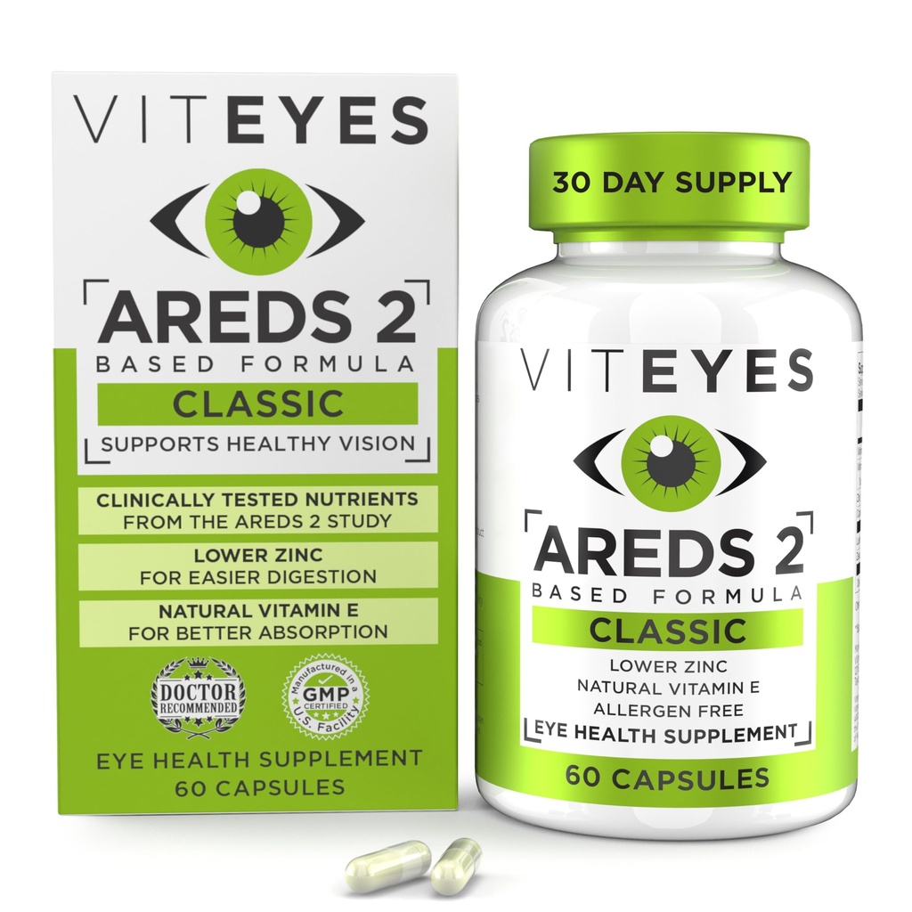 Viteyes AREDS 2 Βιταμίνες ματιών, Κλασική υποστήριξη Macular, αλλεργιογόνο δωρεάν κάψουλες, με φυσική βιταμίνη Ε, βιταμίνη C, ψευδάργυρος, χαλκός, λουτεΐνη & ζεαξανθίνη, οφθαλμίατρος Trusted, Κατασκευάζεται στις ΗΠΑ, 60 Ct